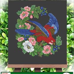 Embroidery scheme Blue Parrot / Vintage Cross Stitch Scheme Flower Basket