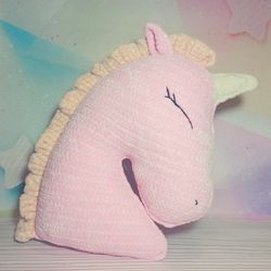 Decorative pillow unicorn, crochet unicorn pillow, plush cushion, unicorn pink nursery decor, pink unicorn pillows
