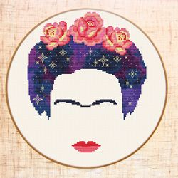Frida cross stitch pattern PDF cross stitch Space cross stitch Galaxy Portrait cross stitch Floral Viva La Vida