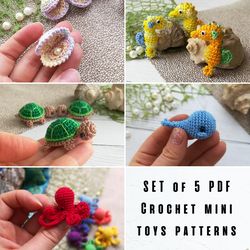 Set of 5 crochet tiny toys patterns for miniature animals - whale, turtle, seahorse, octopus and clam, PDF tutorial