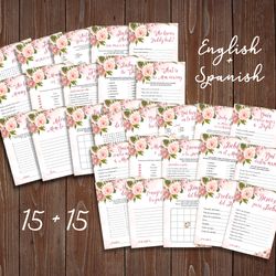 floral bilingual baby shower games, english and spanish baby shower games, girl baby shower games bundle set printable