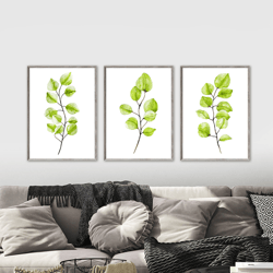 Eucalyptus Watercolor Print set of 3 Instant Art INSTANT DOWNLOAD Printable Wall Decor, Watercolor decor living room