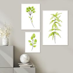 Watercolor greenery art set printable, Download, tropical plants prints, botanical abstract painting wall art
