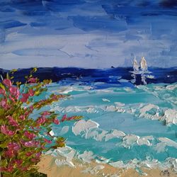 Seascape Original Oil Painting Laguna Beach Original Art Tropical Wall Art Impasto 8 by 8" by Aleshkevich