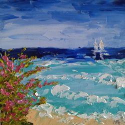 seascape original oil painting laguna beach original art tropical wall art impasto 8 by 8" by aleshkevich