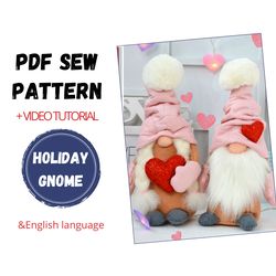 Sewing PDF Pattern Valentines Gnome, Video, Valentine's Day Gnomes, Valentine's Day Scandinavian Gnomes, Nisse, Tomte, V