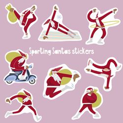 Sports Santas stickers, sporting Santas, Christmas stickers, Santa Claus doing exercises