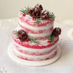Dolls House Miniature food at 1:12 Scale, dollhouse naked Christmas two tiers cake with branches and cones
