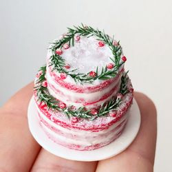 Dolls House Miniature food at 1:12 Scale, dollhouse naked Christmas two tiers cake with branches