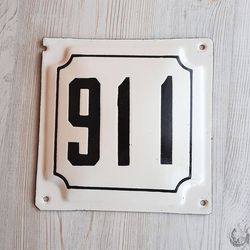 old soviet address house number plaque 911 - vintage white black enamel metal number sign