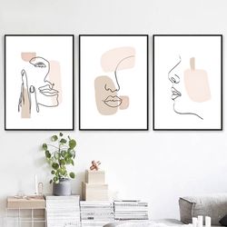 line drawing women poster set of 3 prints pink art printable wall art pastel art face line art abstract women line print