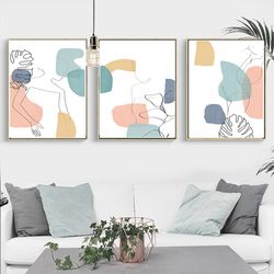 set of 3 prints pink green art line drawing women poster instant download pastel wall art face line art abstract women