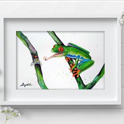 Green Tree Frog 8x11 inch watercolor original wall decor aquarelle bug painting by Anne Gorywine