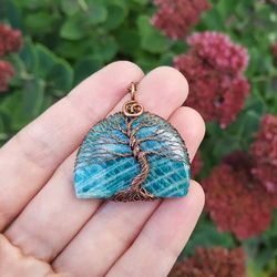 7 Year Anniversary Gift for Her, Amazonite Wire Wrapped Tree Of Life Pendant, Copper Wedding Anniversary Gift for Wife