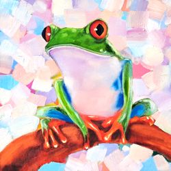 Frog Painting Animal Original Art Green Tree Frog Oil Painting Canvas Art