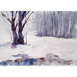 Snow Trees Painting Ohio Original Art Watercolor Trees Landscape Small Artwork