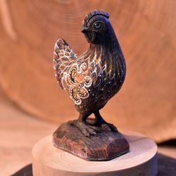 Wooden black bog oak bird, Wooden carved chicken, Kitchen figurine, Home decor