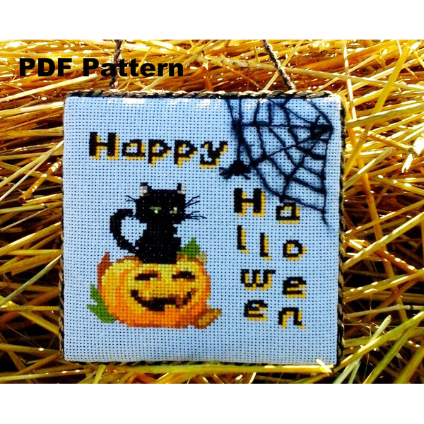 Halloween Cross Stitch Embroidery, Black Cat & Pumpkin, Happy Halloween Cross Stitch Pattern PDF, Beginner Embroidery, Halloween Decor Indoor Hanging.jpg