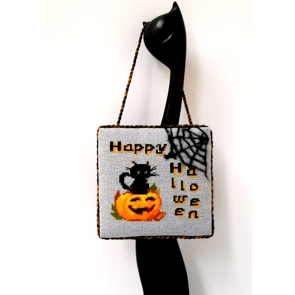 Halloween Cross Stitch Embroidery, Black Cat & Pumpkin, Happy Halloween Cross Stitch Pattern PDF, Beginner Embroidery, Halloween Decor Hanging.jpg