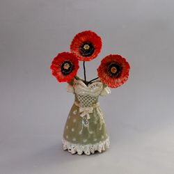 Decorative vase, Flowers figurine, Red poppy Dress figurine Ceramic sculpture Decorative Centerpiece Home Decor
