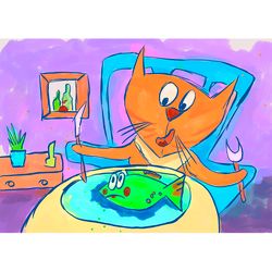 Cat Illustration Cat And Fish Digital Art