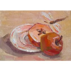 Apple Painting Dragonfly Original Art Small Oil Artwork Fruit Still Life 5 x 7" by Svetlana