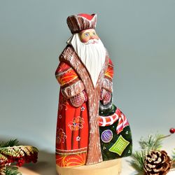 Red wooden Santa, Collectible wooden figurine, Hand carved and painted, Tall Santa ornament, 9.5 inch tall