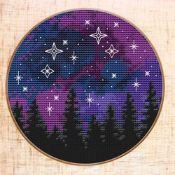 Galaxy Cross Stitch Pattern Modern Cross Stitch Forest Starry Night sky Cross Stitch PDF