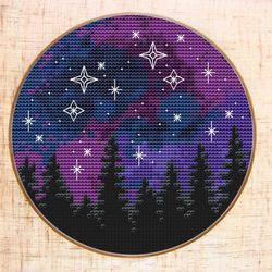 galaxy cross stitch pattern modern cross stitch forest starry night sky cross stitch pdf
