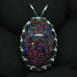 dragon's egg. pendant with laboratory opals. black opals and stainless steel. mosaic opal wire wrap handmade, necklace