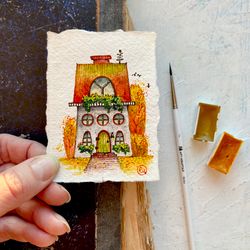 Fall house painting Original artwork Tiny watercolor Collectible art by Rubinov