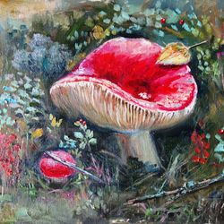 Mushrooms Painting Oil Original Art Landscape Artwork Canvas Art