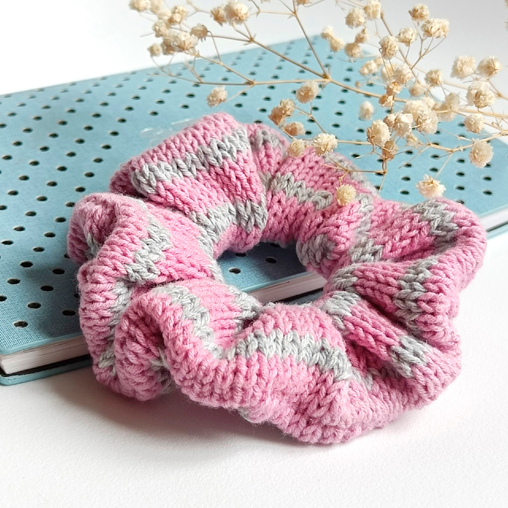 Striped pink and gray Handknit Scrunchies for women Chtistmas gift for her Gift for women Valentine day gifts Scrunchie