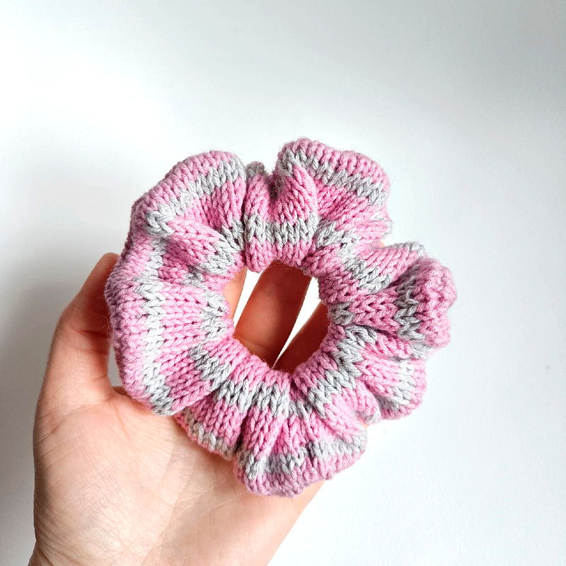 Striped pink and gray Handknit Scrunchies for women Chtistmas gift for her Gift for women Valentine day gifts Scrunchie