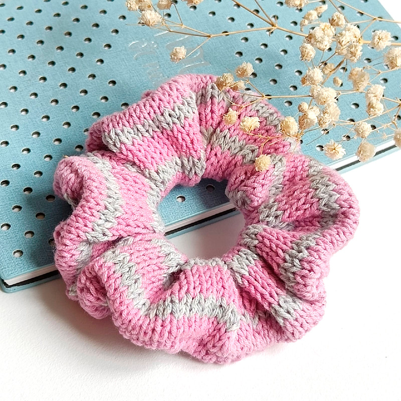 Striped pink and gray Handknit Scrunchies for women Chtistmas gift for her Gift for women Valentine day gifts Scrunchie