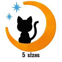 Black cat embroidery design. Moon and stars embroidery designs trendy. Digital download.