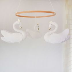 Swan Nursery Mobile, White Princess Swan Crib Mobile,Girl Nursery Cot Mobile,Gold Crown Swan Mobile,Baby Shower Gift