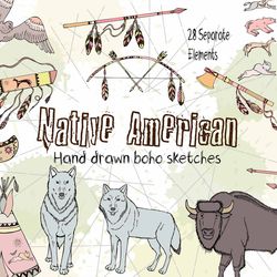 Native America clipart with boho sketches with animals. Tribal digital clip art. Instant download.