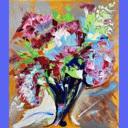 bouquet oil painting abstract art original artwork for walls impasto textured painting fantasy expressive violet orange
