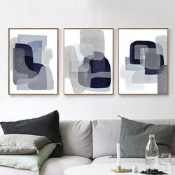 Abstract Triptych Navy Gray Wall Art 3 Piece Print Abstract Painting Grey Decor Digital Prints Large Art Modern Pictures
