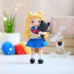 Usagi Tsukino with Luna cat - crochet anime doll