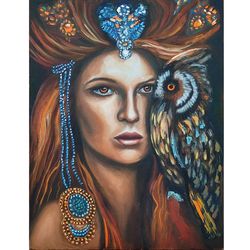 Woman and Owl Painting, Original Art, Bird Painting, Folk Legend Painting, Mythology Art, Divine Female Art, Owl Artwork