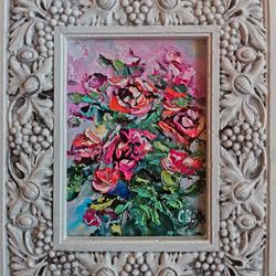 Roses Bouquet Pink Flowers Oil Painting Impasto Original Framed Artist Svinar Oksana