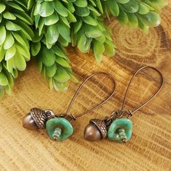 Acorn Earrings Copper Mint Green Czech Glass Earrings Long Wire Dangle Earrings Woodland Forest Earrings Jewelry 7685