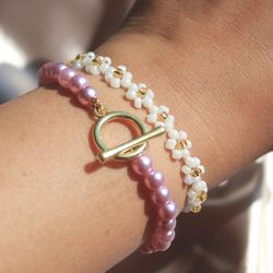 Purple bracelet Pearl anklet Flower jewelry Floral bracelet Flower bracelets Cute jewelry Handmade jewelry Beaded Gift