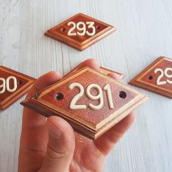 Retro address number sign 291 - vintage wooden rhomb door number plate