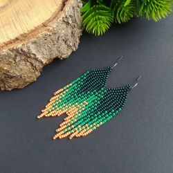 Green beaded earrings, Seed bead fringe earrings, Ombre earrings, Christmas earrings, Bright colorful earrings