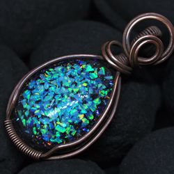 Copper blue opal pendant. Laboratory opals in copper wire. Mosaic Opal necklace, wire wrap, turquoise teardrop, blue