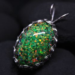 Green opal pendant. Dragon egg necklace with laboratory opal mosaic and lava. Wire wrap handmade, fire olive