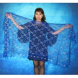 Blue embroidered scarf, Warm Russian shawl, Hand knit Orenburg cape, Wool wrap, Goat down stole,Kerchief,Bridal cover up